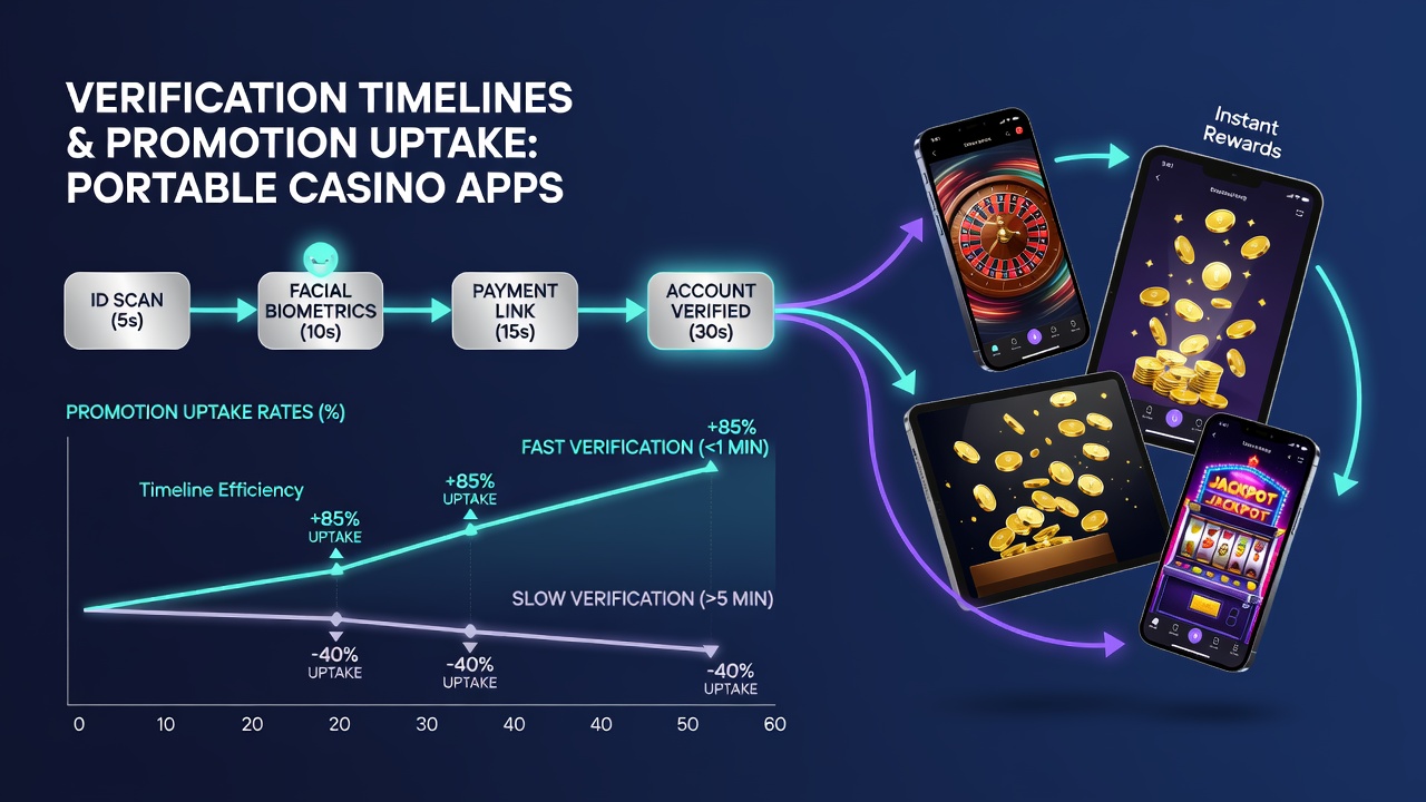 Analytics dashboard displaying verification duration statistics alongside promotion redemption metrics for mobile casino users
