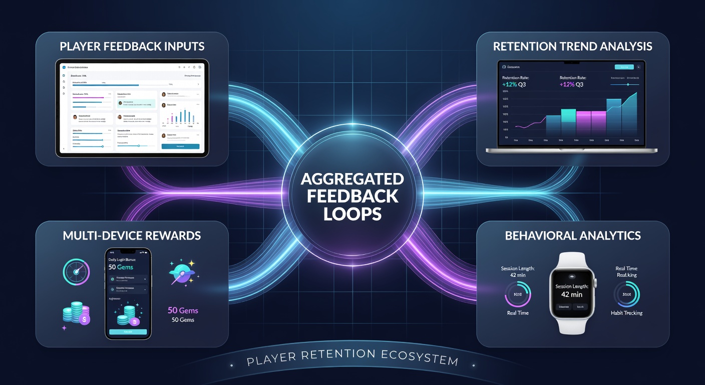 Dashboard visualization of aggregated player feedback loops displaying retention metrics and device-specific reward adjustments