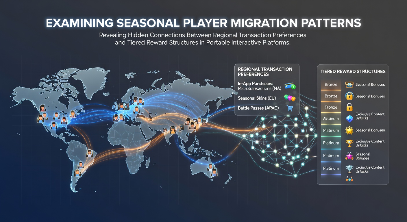 Seasonal migration flows across mobile gaming regions shown through network diagrams and transaction heatmaps