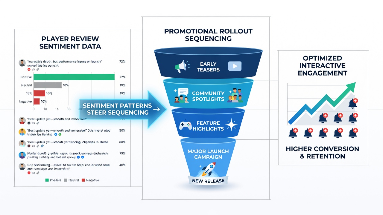 Analytics interface displaying regional sentiment heatmaps guiding promotional rollout order for gaming aggregators