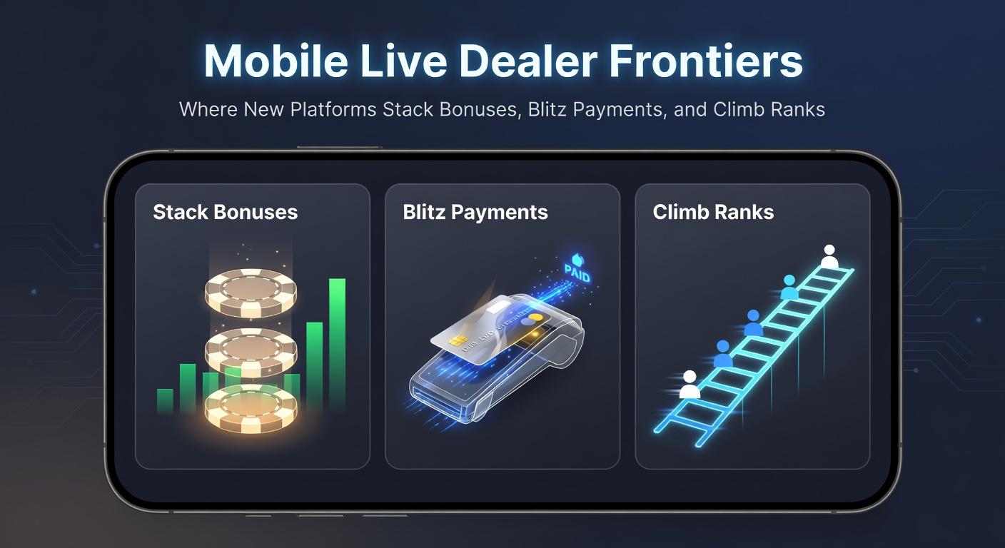 Collage of mobile screens showing stacked bonus notifications, lightning-fast payment icons, and rising rank charts on casino apps