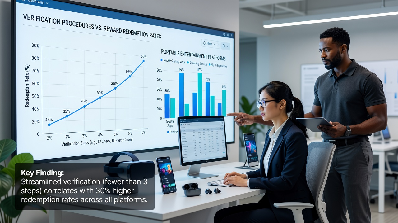 Data visualization of verification timelines versus reward redemption statistics in portable entertainment platforms